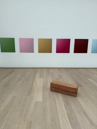 Wassenaar, Netherlands - June 28, 2025: Installation of colorful squares on wall at Voorlinden...