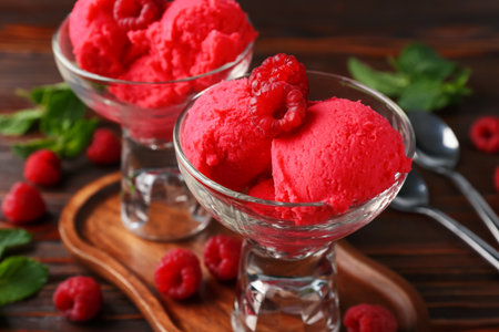Delicious raspberry sorbet in dessert bowls, mint and fresh berries on wooden table, closeupの写真素材