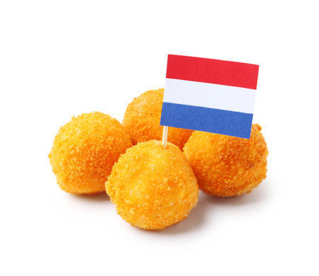Delicious fried croquette balls and flag of Netherlands isolated on whiteの写真素材