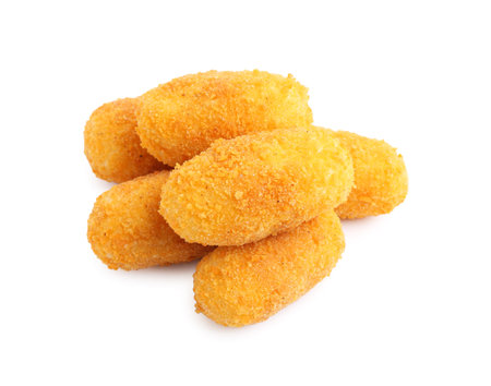 Many delicious fried croquettes isolated on whiteの写真素材