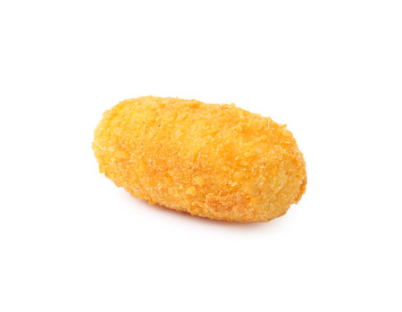 One delicious fried croquette isolated on whiteの写真素材