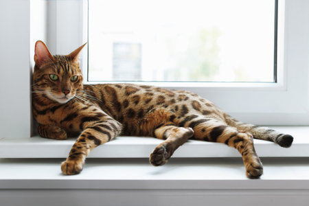 Cute Bengal cat on window sill at home. Adorable petの写真素材