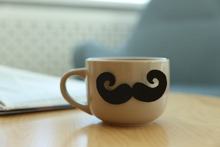 Happy Father's Day. Cup with mustache on wooden table indoors, closeupの写真素材