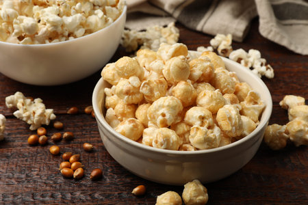 Tasty popcorn and corn kernels on wooden table, closeupの写真素材
