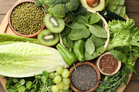 Superfood. Different healthy products on wooden table, top viewの写真素材