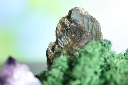 Healing stone on green moss against blurred background, closeup. Space for textの写真素材