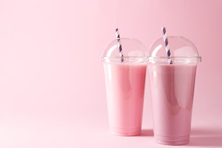 Tasty milkshakes in plastic cups on pink background, space for textの写真素材