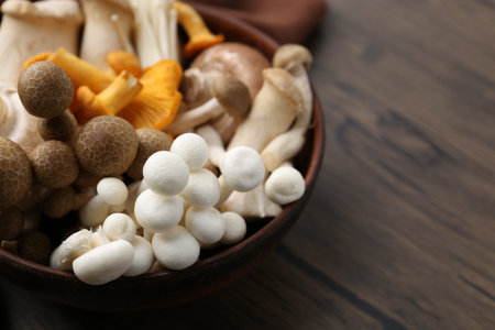 Different raw mushrooms in bowl on wooden table, closeup. Space for textの写真素材