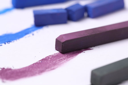 Colorful chalk pastels on white background, closeupの写真素材