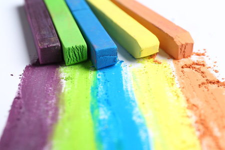 Colorful chalk pastels on white background, closeupの写真素材