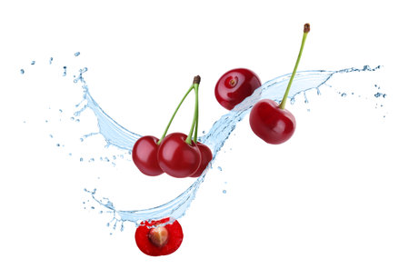 Fresh cherries and splashing water in air against white backgroundの写真素材