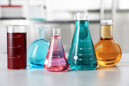 Different laboratory glassware with color liquids on light table indoorsの写真素材