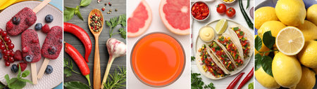 Foods with sour or tangy taste, collage. Top viewの写真素材
