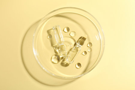 Glass ampoules with liquid and Petri dish on yellow background, top view