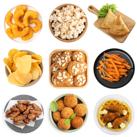 Collection of different foods with crispy texture on white backgroundの写真素材