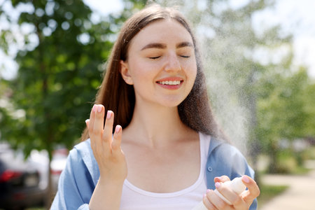Smiling woman spraying thermal water from bottle outdoorsの写真素材