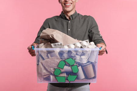 Recycling. Man holding plastic box with different waste paper on pink background, closeupの写真素材