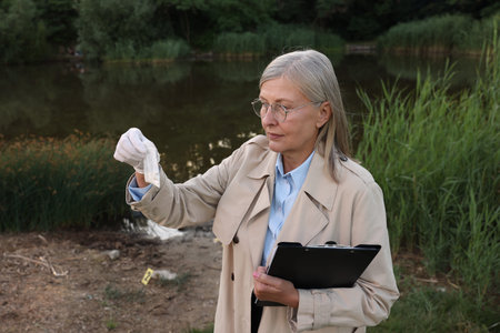 Forensic expertise. Detective with clipboard and evidence at crime scene near lake outdoorsの写真素材