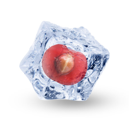 Fresh cherry in clear ice cube isolated on whiteの写真素材