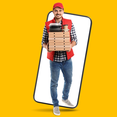 Food delivery service worker with order walking out of mobile phone display. Orange backgroundの写真素材