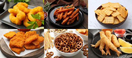 Collection of different foods with crispy texture, collage