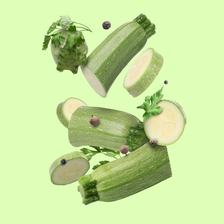 Pieces of fresh zucchinis, parsley and peppercorns falling on light green backgroundの写真素材