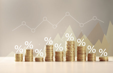Percent signs and graph above stacked coins against beige backgroundの写真素材