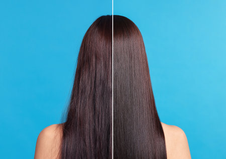 Hair lamination, before and after. Photo of woman on blue background, divided for comparison of hair conditionの写真素材