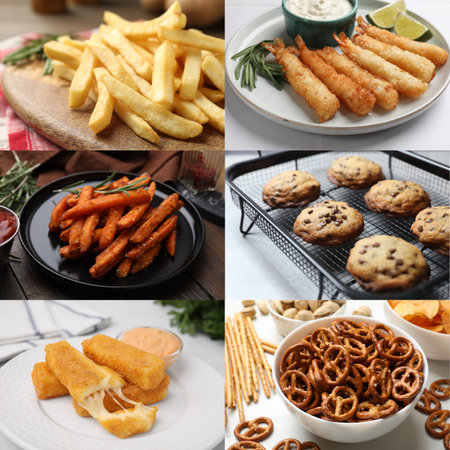 Collection of different foods with crispy texture, collageの写真素材