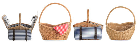 Wicker picnic baskets isolated on white, setの写真素材