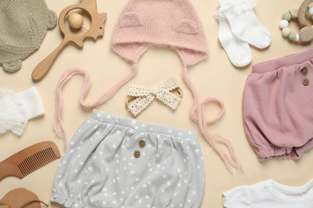 Stylish baby clothes and accessories on beige background, flat layの写真素材