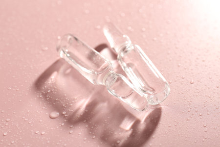 Glass ampoules with liquid and water drops on pink background, closeup