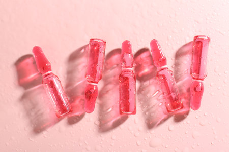 Glass ampoules with liquid and water drops on pink background, flat layの写真素材
