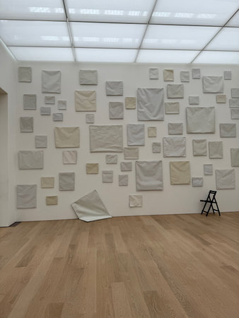 Wassenaar, Netherlands - June 28, 2025: Installation of blank canvases on wall at Voorlinden museumの写真素材