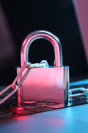 Cyber safety. Metal padlock with chain on laptop in color lights, closeup