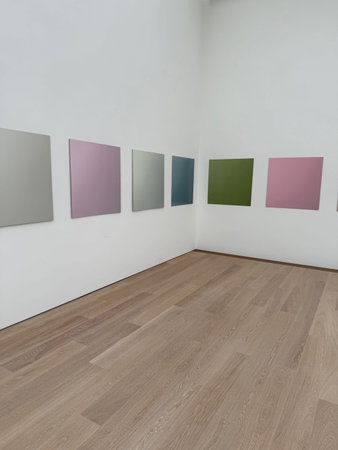 Wassenaar, Netherlands - June 28, 2025: Installation of colorful squares on wall at Voorlinden museumの写真素材