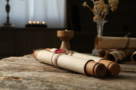Old paper scrolls and burning candle on wooden table, closeupの写真素材