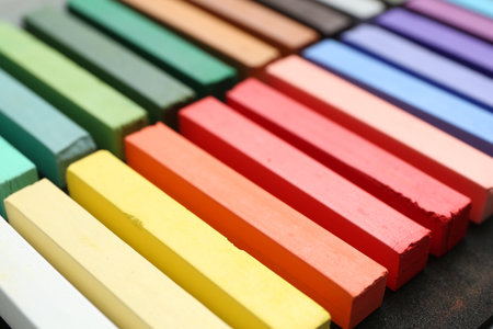 Set of colorful chalk pastels on table, closeupの写真素材