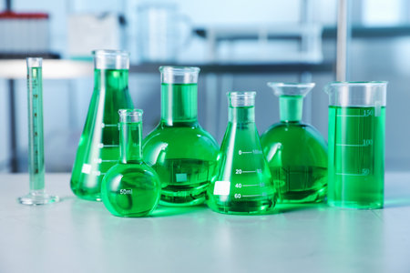 Different laboratory glassware with green liquid on light table indoorsの写真素材
