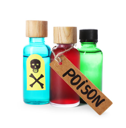 Bottles of poisons with warning sign isolated on whiteの写真素材