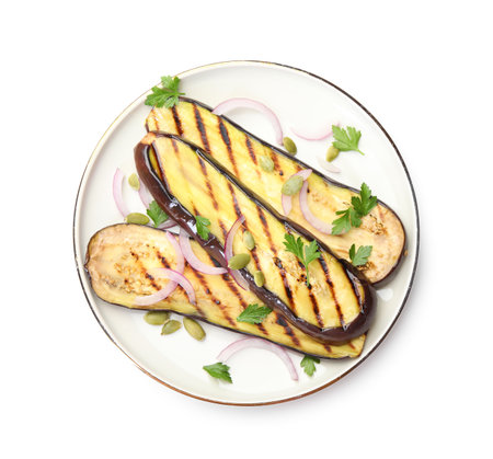 Slices of grilled eggplant, parsley, pumpkin seeds and onion isolated on white, top viewの写真素材