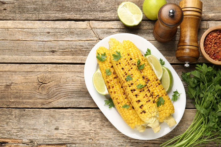 Tasty grilled corncobs with parsley and lime slices on wooden table, flat lay. Space for text