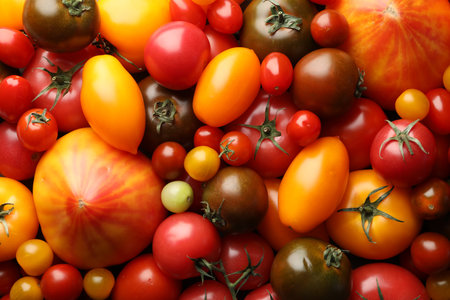 Different ripe juicy tomatoes as background, closeupの写真素材