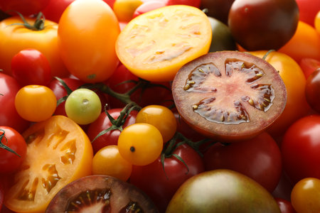 Different ripe juicy tomatoes as background, closeupの写真素材