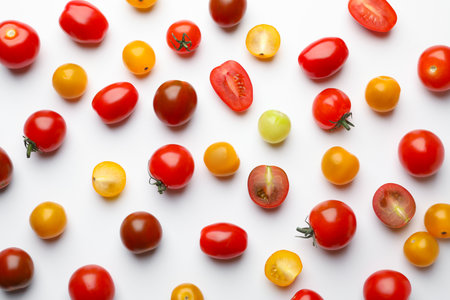 Different ripe tomatoes on white table, flat layの写真素材