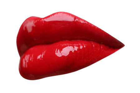 Female lips with red lipstick isolated on whiteの写真素材