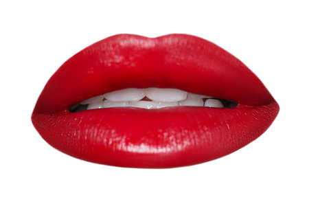Female lips with red lipstick isolated on whiteの写真素材