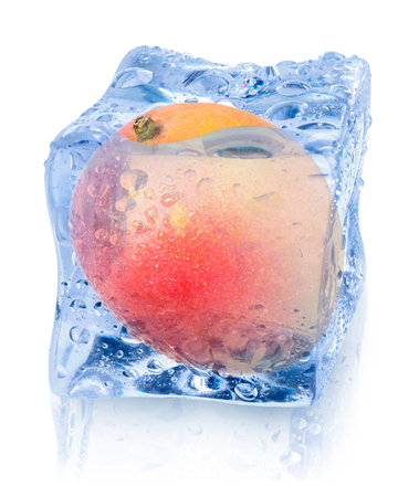 Ripe mango fruit in ice cube isolated on whiteの写真素材