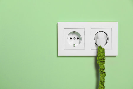 Electricity and nature. Power plug in socket on light green wall. Wire of power plug covered with green plantsの写真素材
