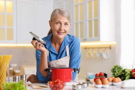 Senior woman cooking salad at table in kitchenの写真素材
